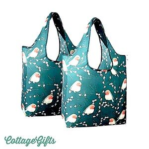NEW 2PK Large Reuseable Totes/Grocery Bags Birds & PussyWillows Design